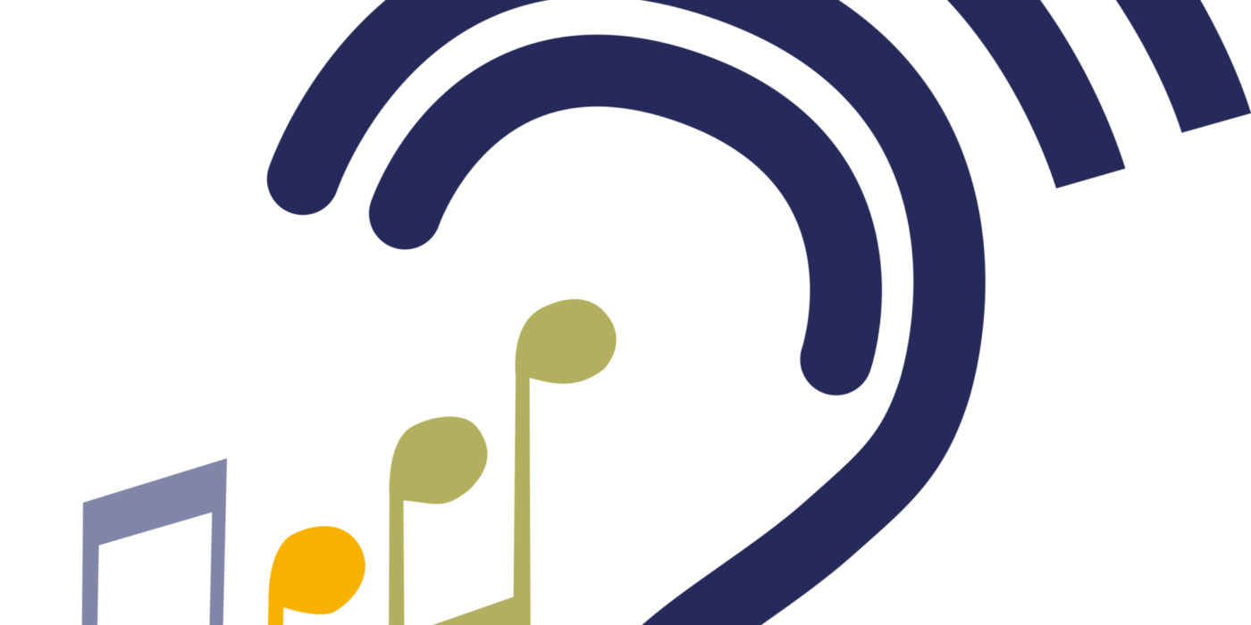 Stylised representation of an ear, in navy blue, with musical notes in different colours.
