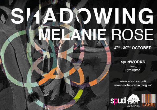 Exhibition flyer depicting painting by the artist Melanie Rose. The image is in black and white showing a tree, overlain with concentric circles of colour