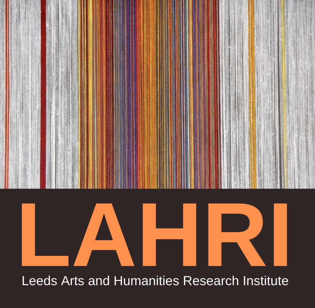 LAHRI Logo with threads of oranges, browns, reds and greys