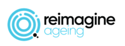logo for reimagine ageing with a blue circular pattern on the left and text on the right