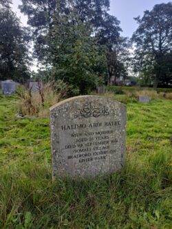 Halimo's grave stone, weatherworn and surrounded by overgrown grass
