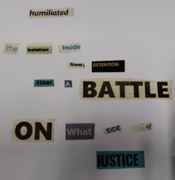 A visual poem using cut out letters from newspapers and magazines on a white background.