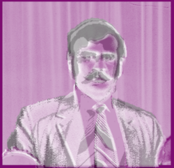 A sketch of a middle aged man with a moustache. He is wearing a suit and tie. The image is black and white with a purple overlay. 