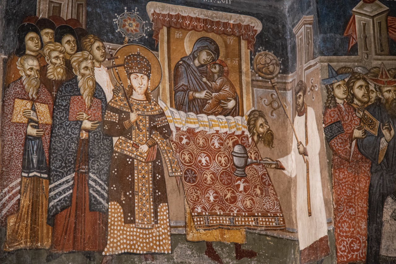 Fresco depicting the emperor and church officials in a procession with an icon of the Virgin and Child, c. 1380