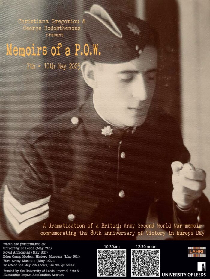 A poster showing a World War Two soldier in uniform. The poster includes text about theatre performances of a play, the venues and how to book tickets.