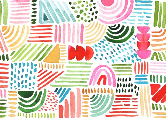 Abstract shapes in square blocks in multiple colours