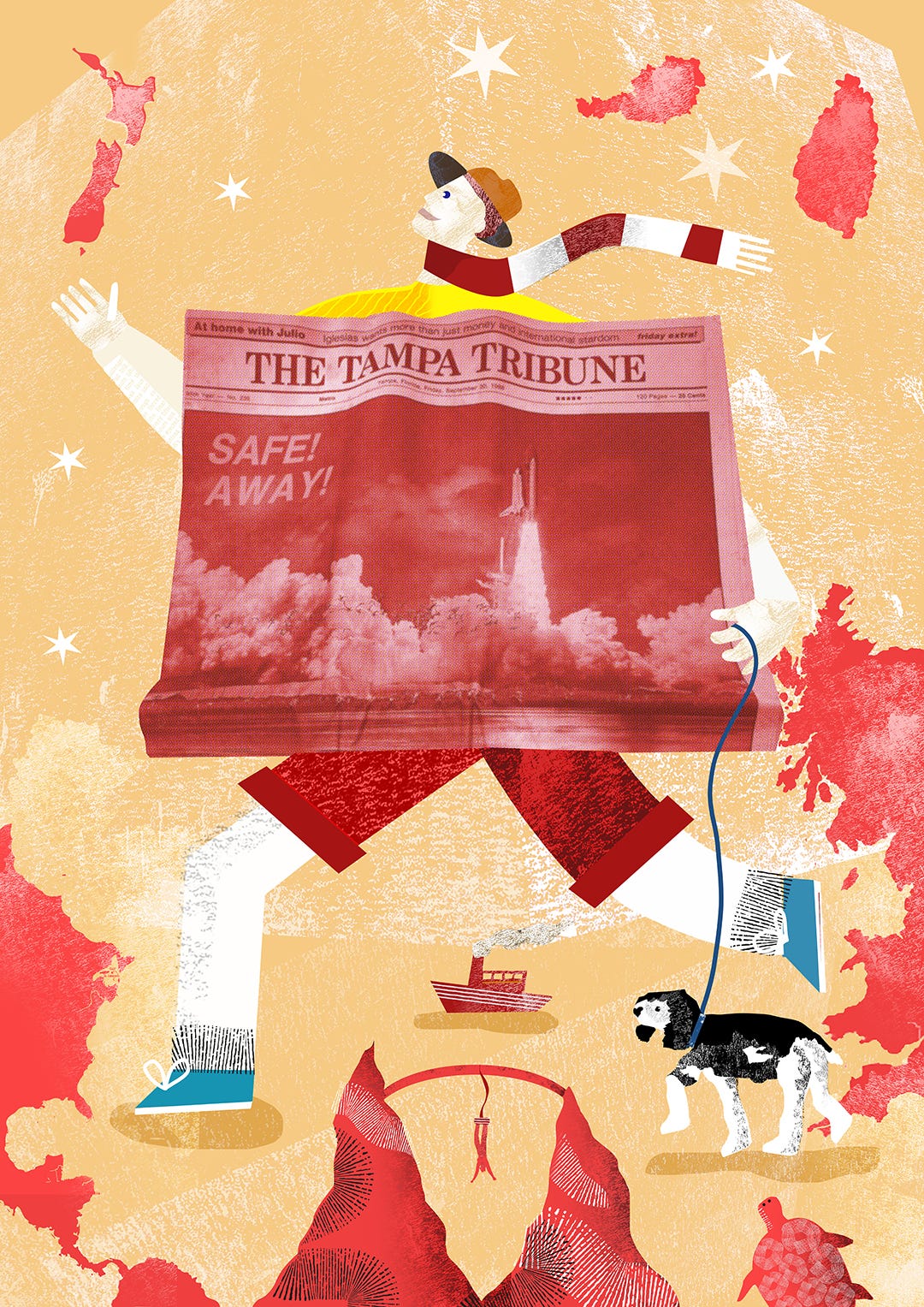 A colourful artwork featuring a person in a hat and scarf clutching a copy of the Tampa Tribune, with a dog on a lead, a steamboat and a bungee jumper.