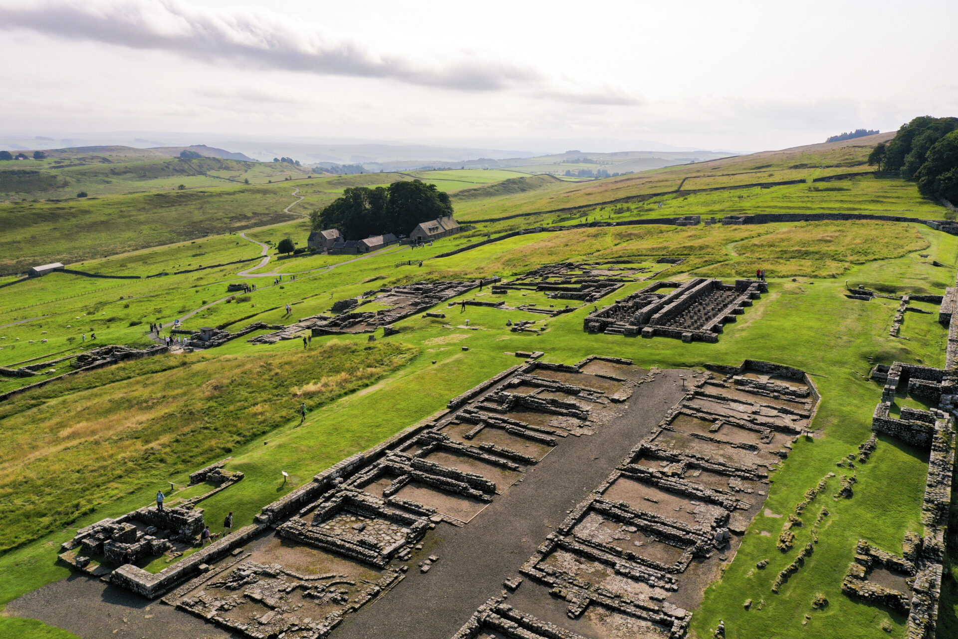 View of Housesteads Roman Fort on Hadrian’s Wall, showing the excavated barracks and surrounding landscape.